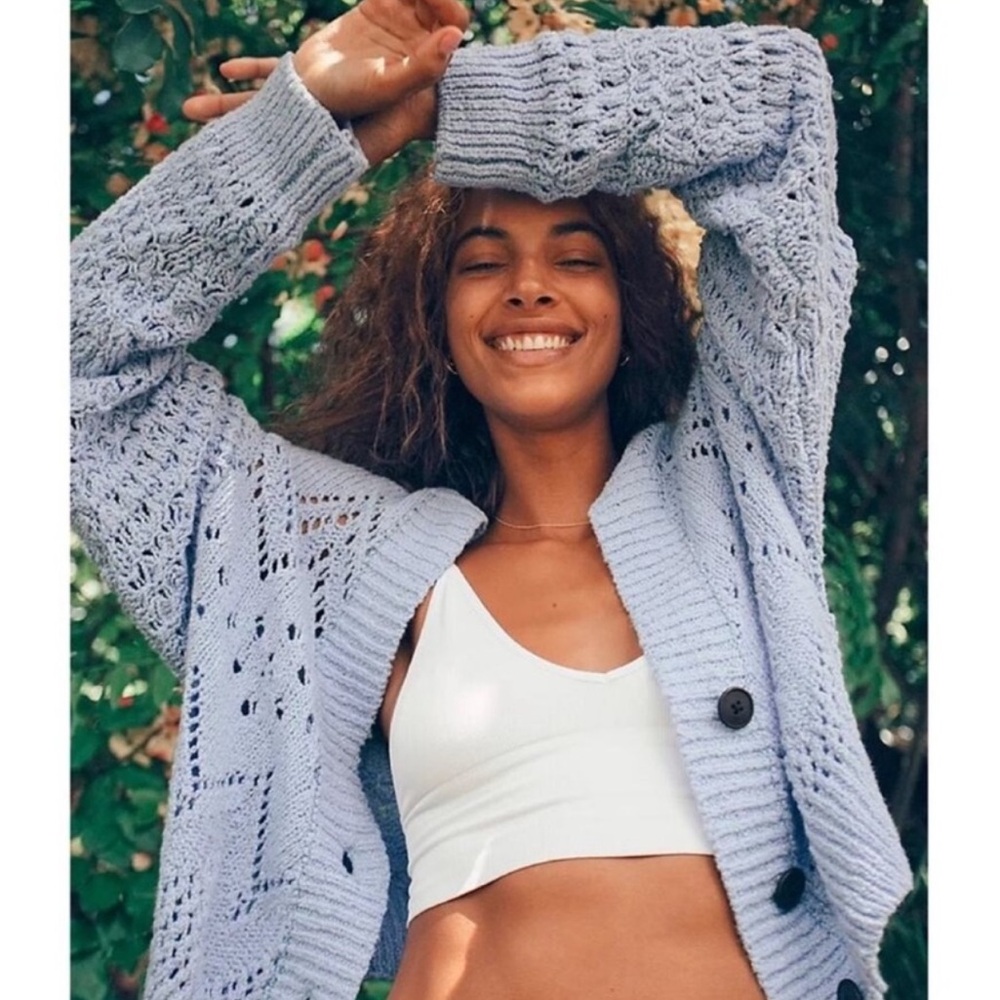 Free People Chloe Open Knit Cotton Button Front Cropped Cardigan Peri Blue Large